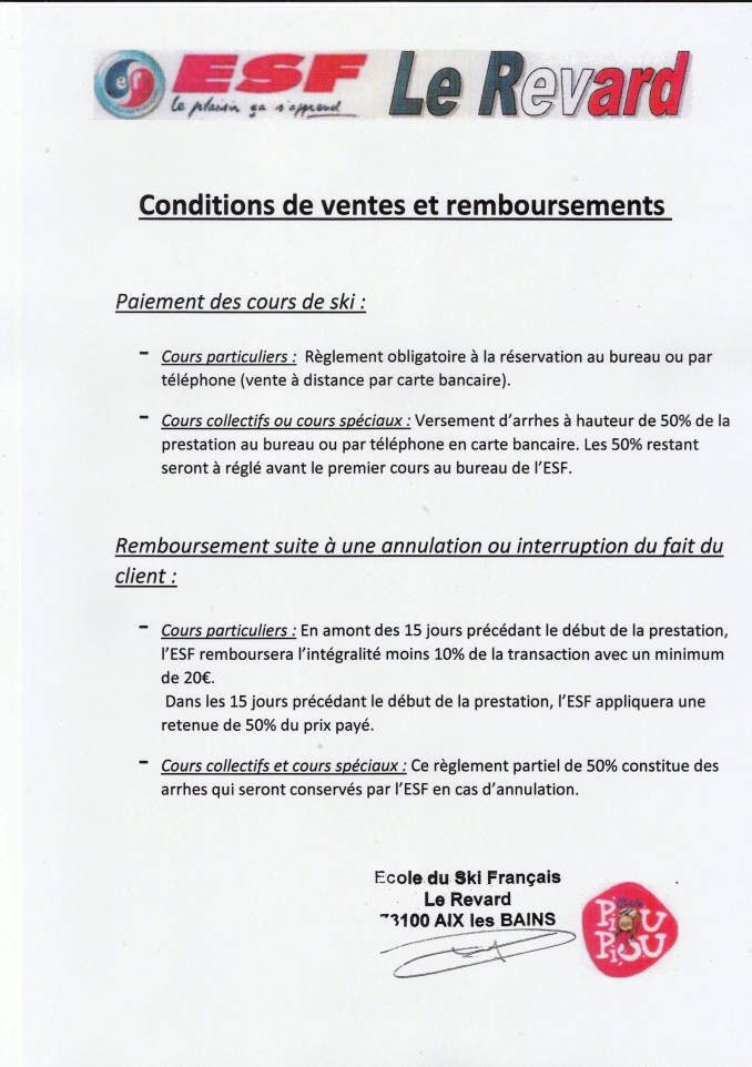Conditions de ventes et Remboursements - ESF Le Revard